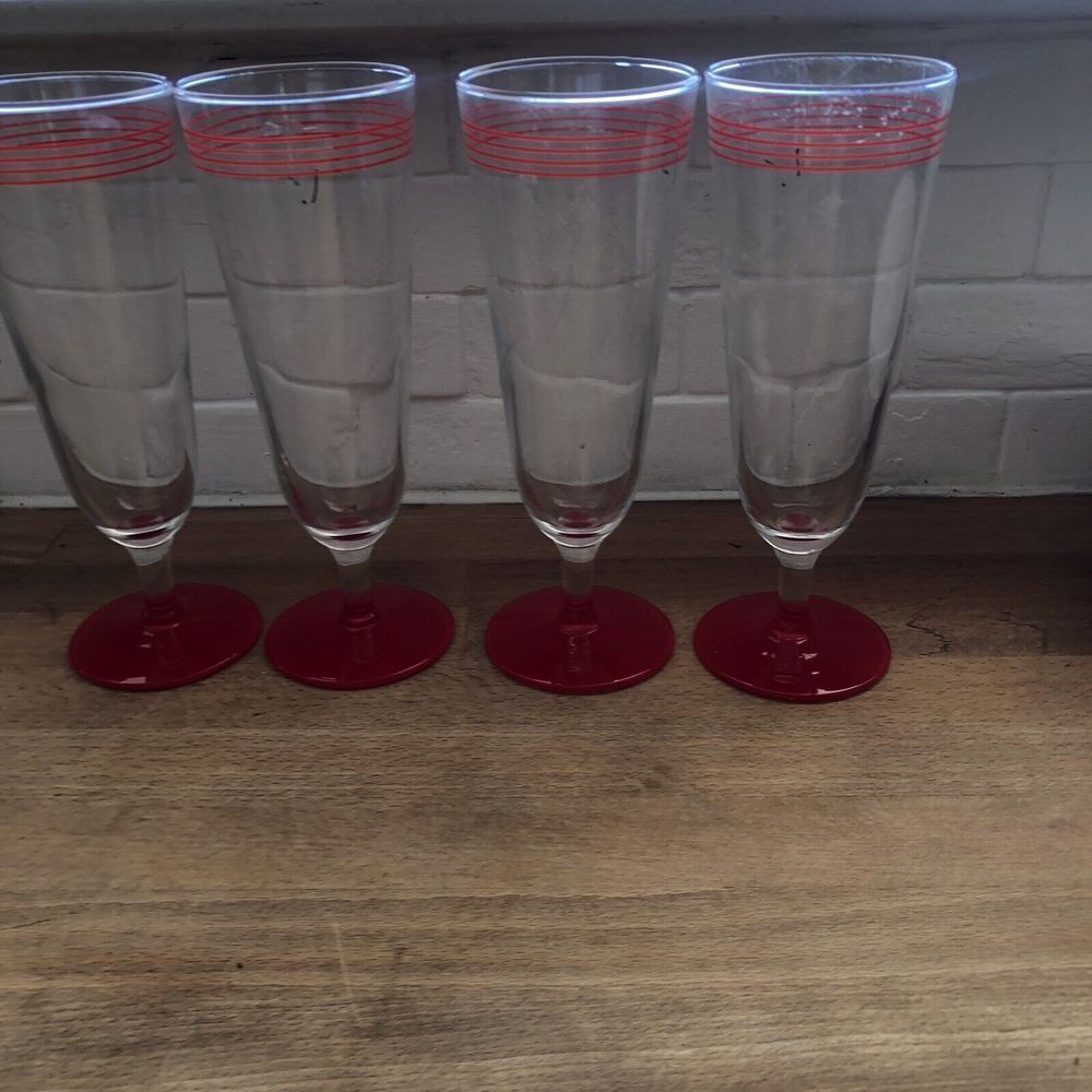 Retro Style Glasses Red Stripes & Footed Base Tall Pilsner Barware Set of 4